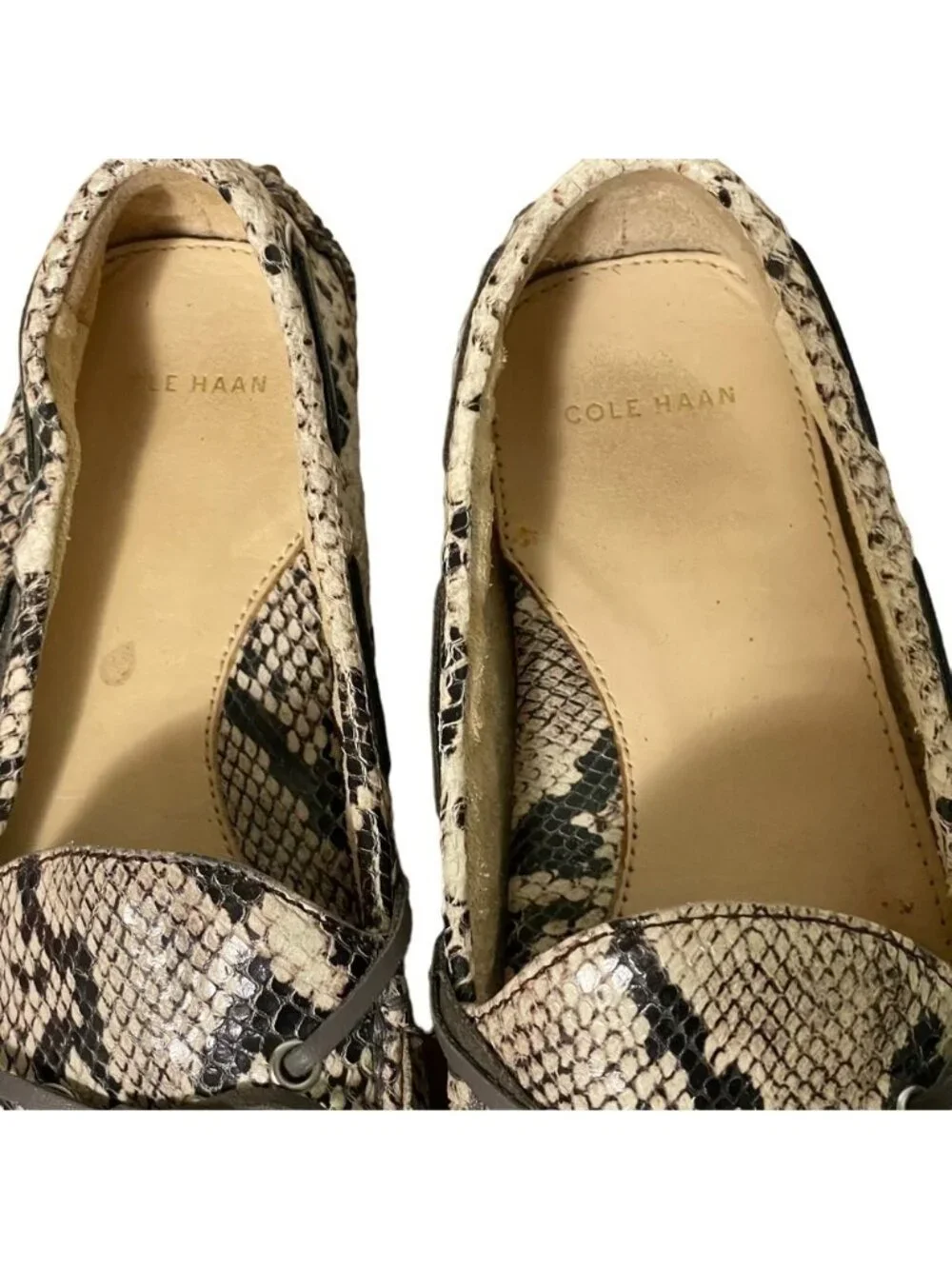 Cole Haan Garnet Snakeprint Loafers Brown Black Leather Mocs Tassel Size 7.5